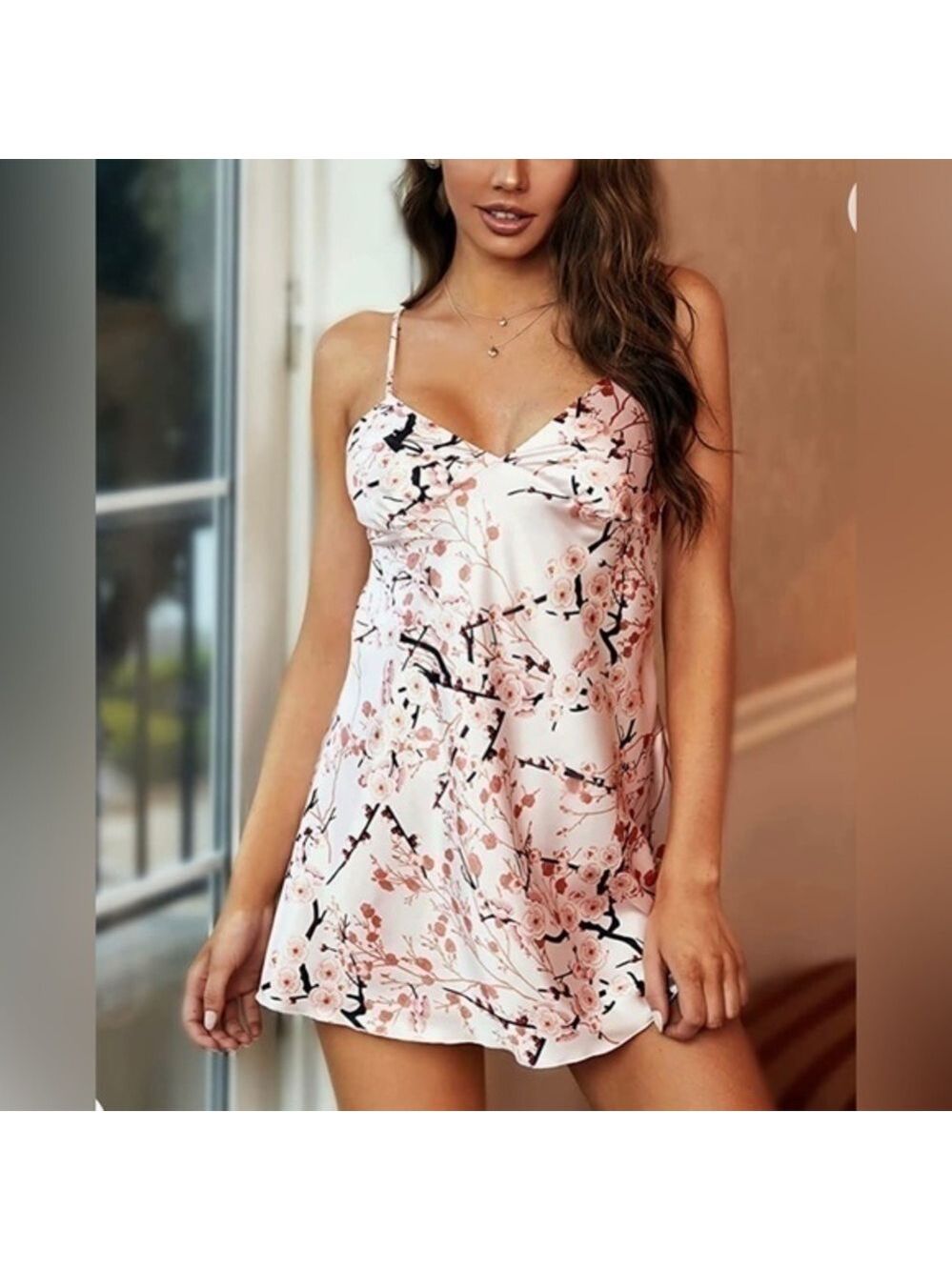 Pink floral print chemise satin slip nightgown